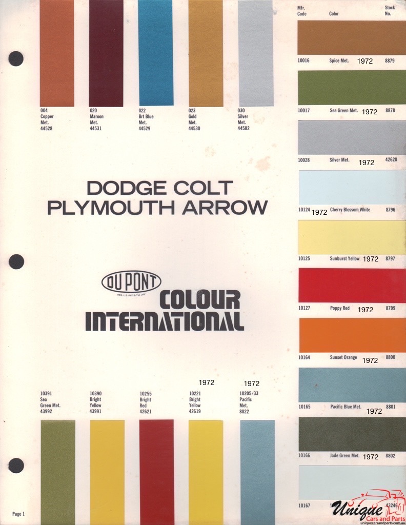 1972 Chrysler Colt Arrow Paint Charts DuPont 1
